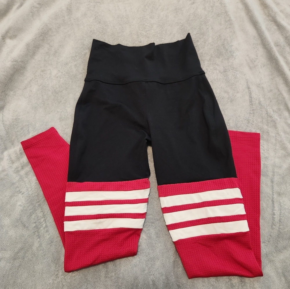 Bombshell Sportswear Red and Black Leggings with White Stripes - Picture 4 of 4